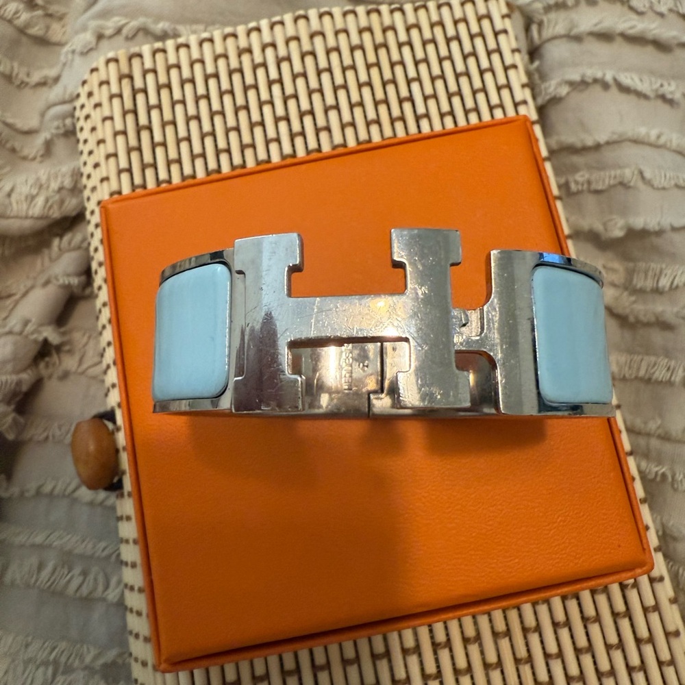 Authentic Hermes Clic Clac H Bracelet baby blue and silver .